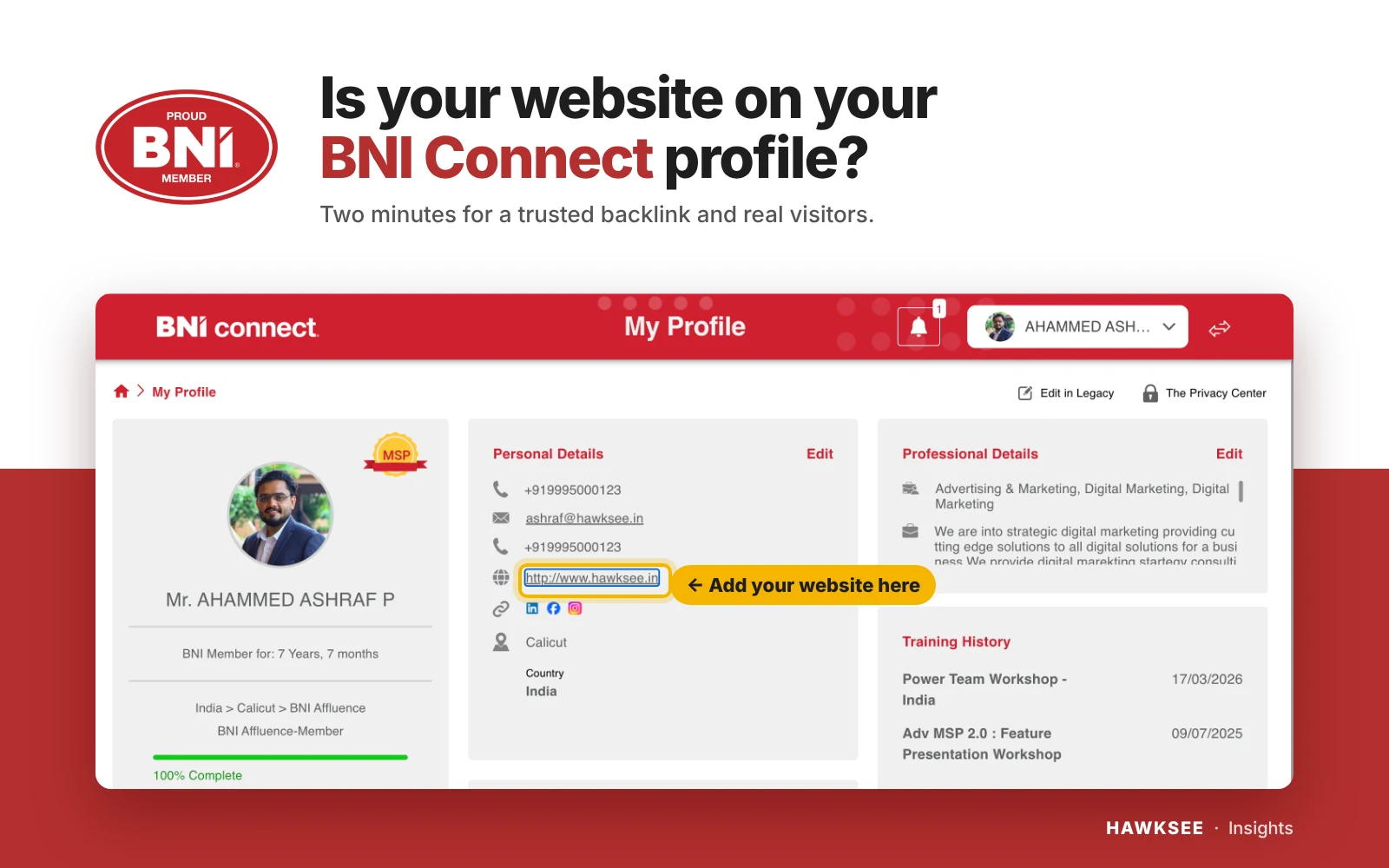 Is your website on your BNI Connect profile? A BNI Connect profile page with the website field highlighted