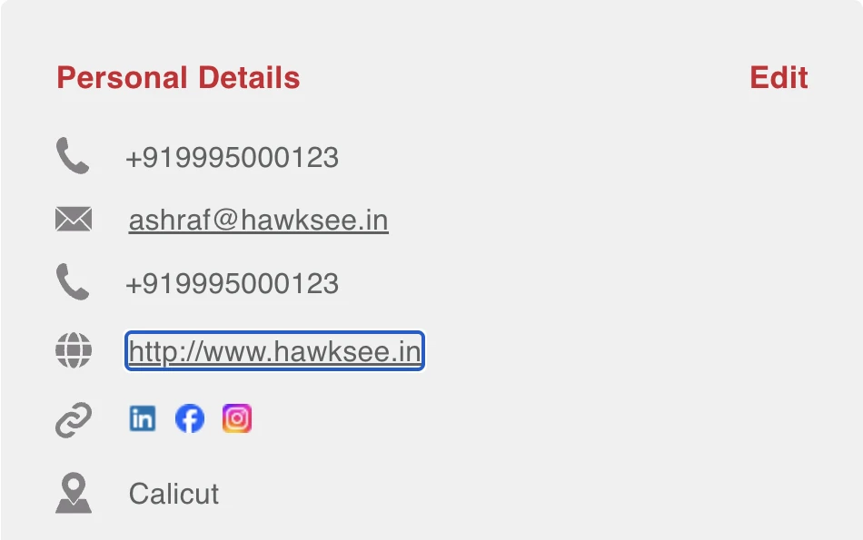 The Personal Details section of a BNI Connect profile, with the website link and social media icons filled in
