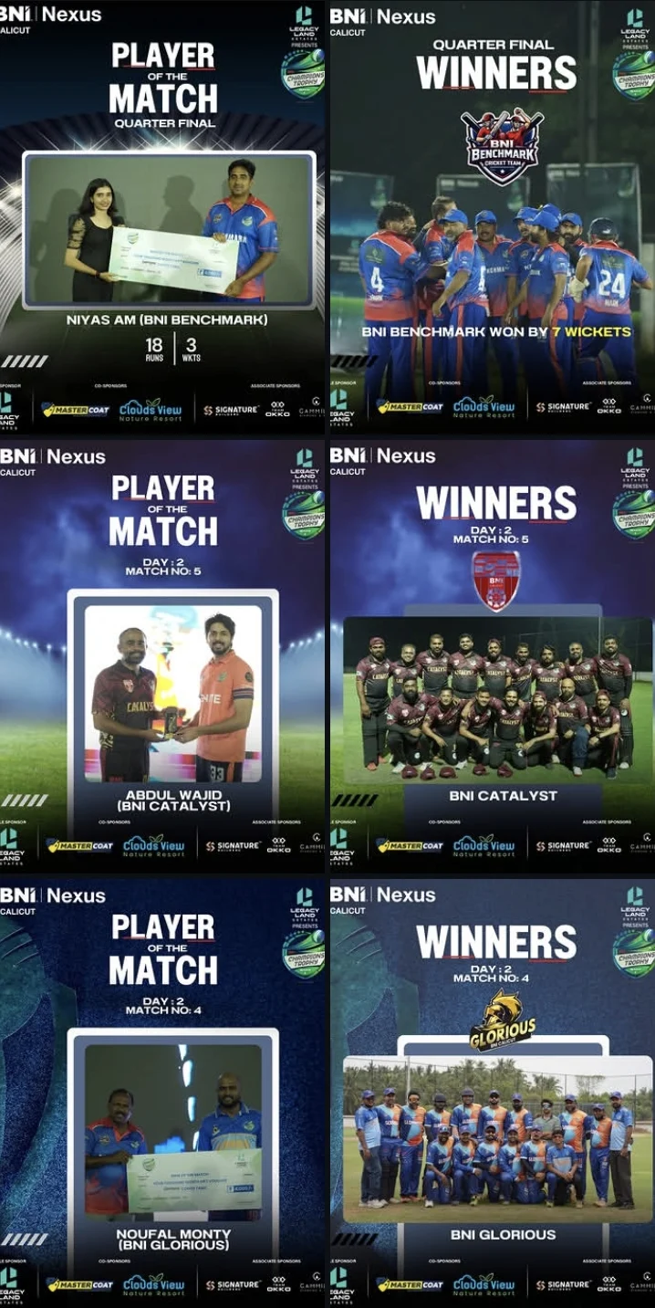 BNI Champions Trophy posts: Player of the Match and match winner posters for BNI Benchmark, BNI Catalyst and BNI Glorious