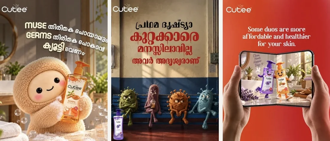 Cutee Soap posts in Malayalam: a cute mascot with Cutee sandal handwash, germs drawn as suspects on a police-station bench, and the Cutee handwash duo on a phone screen
