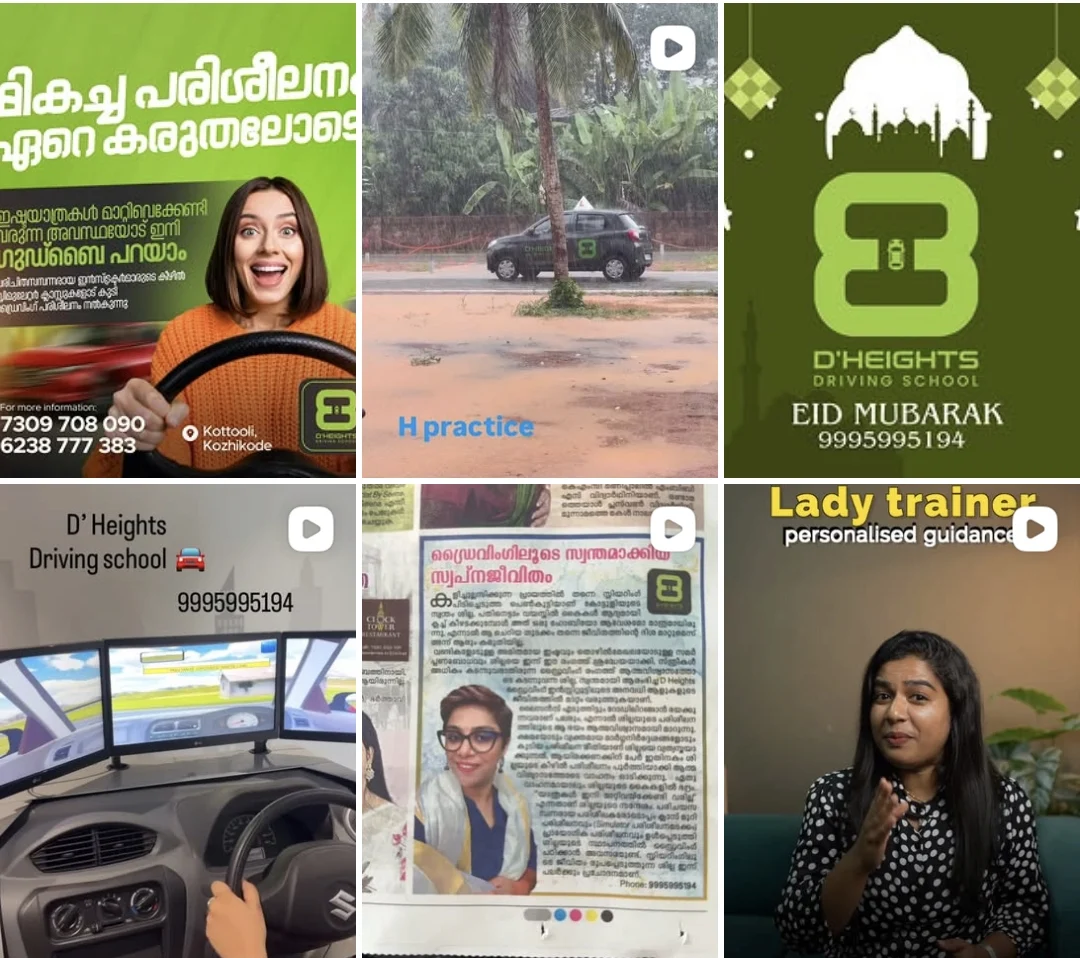 D'Heights Instagram posts: Malayalam promotions, H track practice, a driving simulator, a newspaper feature and a lady trainer video
