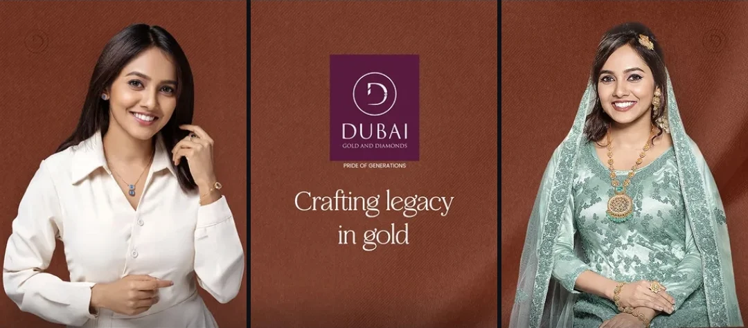 Dubai Gold and Diamonds campaign posts: two models wearing the brand's jewellery, and a 'Crafting legacy in gold' brand post