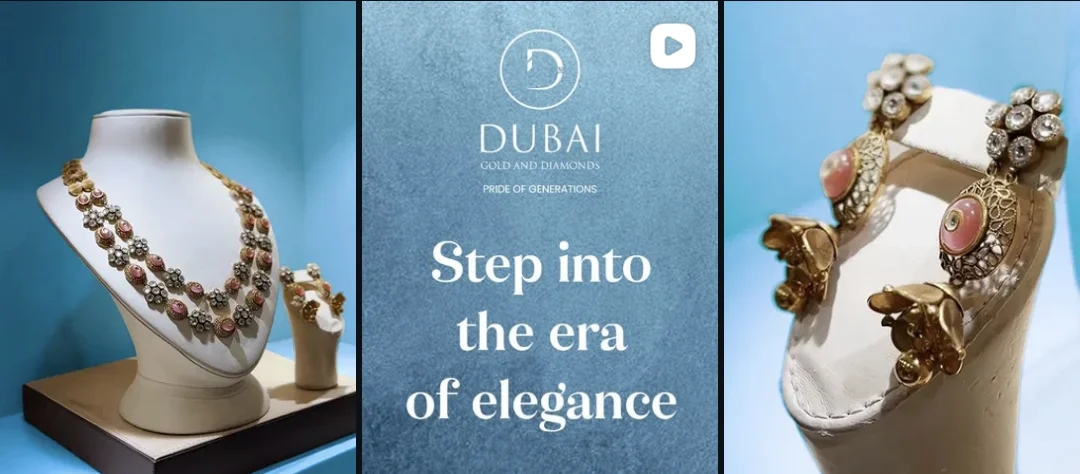 Dubai Gold and Diamonds posts: a layered necklace on a display bust, a 'Step into the era of elegance' reel cover, and statement earrings