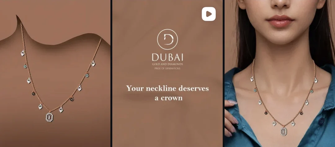 Dubai Gold and Diamonds posts: a diamond necklace in close-up, a 'Your neckline deserves a crown' reel cover, and the necklace worn by a model