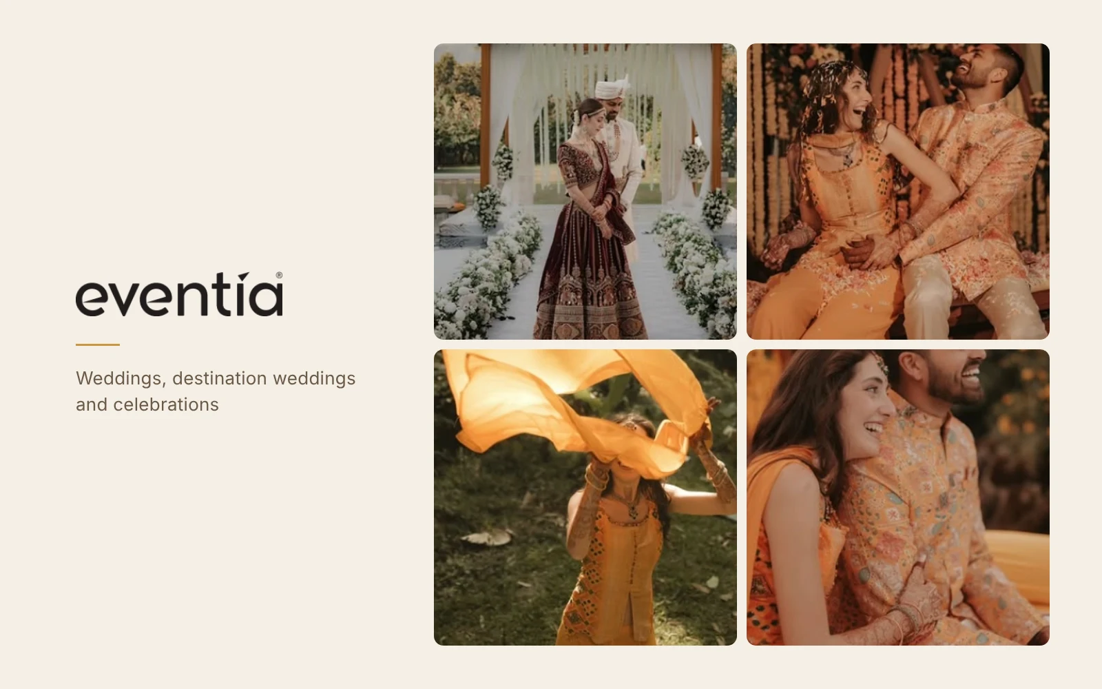 Eventia Event Designers logo beside four wedding photos: a mandap ceremony, a haldi couple and a bride celebrating