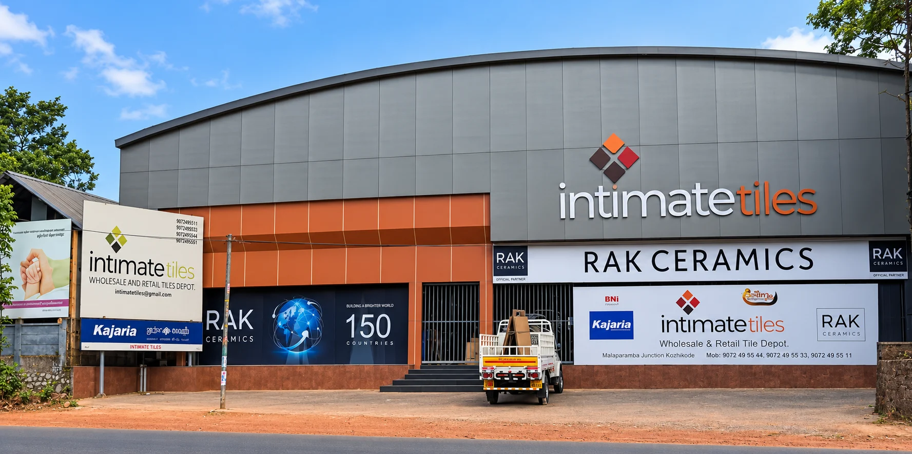The Intimate Tiles showroom at Malaparamba Junction, Kozhikode, with the new logo on its facade and hoardings