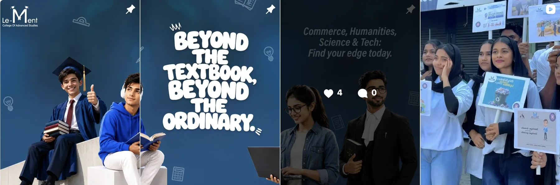 Le-Ment College Instagram posts: admission creatives, 'Beyond the textbook, beyond the ordinary', course promotion and students at an awareness campaign