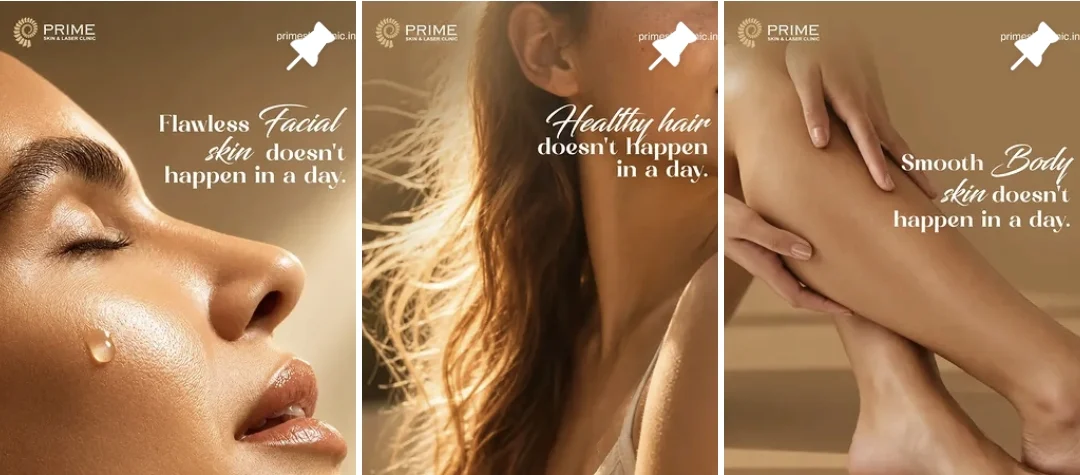 Prime Skin & Laser Clinic posts: 'Flawless facial skin doesn't happen in a day', 'Healthy hair doesn't happen in a day', 'Smooth body skin doesn't happen in a day'