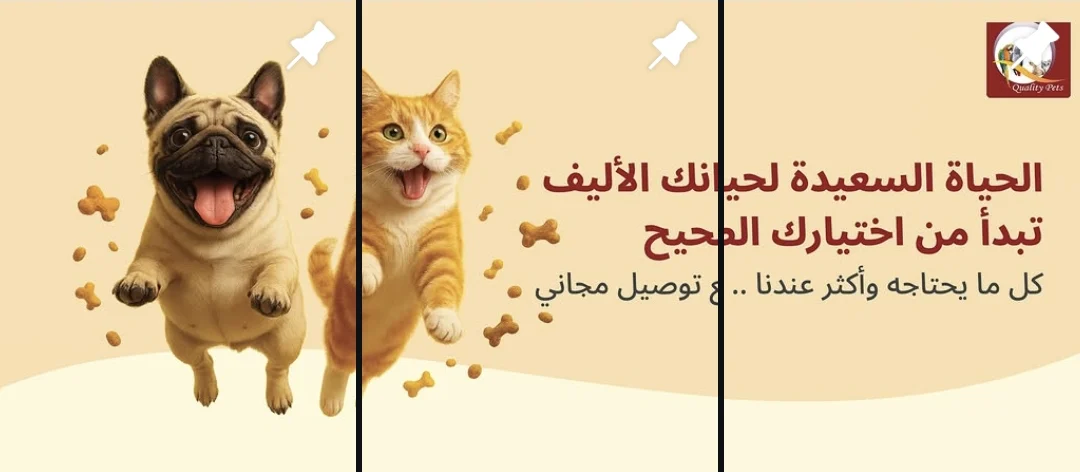 Quality Pets launch posts: a pug and a cat leaping for treats, with an Arabic headline about a happy life for your pet