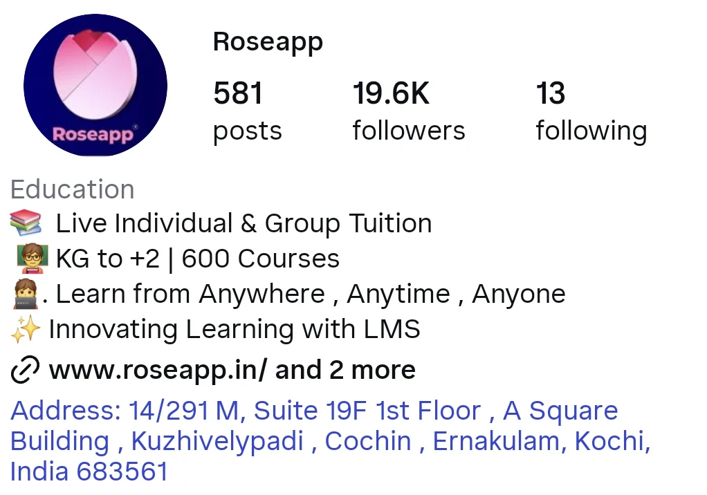 The verified Roseapp Instagram profile: 19.6K followers, live individual and group tuition, KG to +2, 600 courses